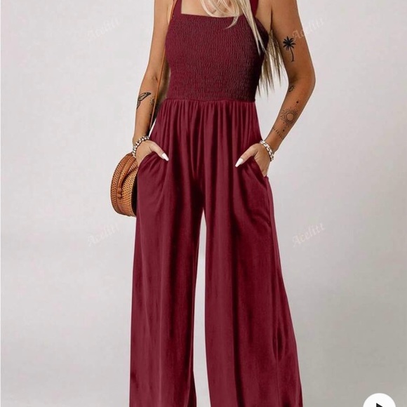 Pants - Burgundy Palazzo Jumpsuit with Smocked Bodice